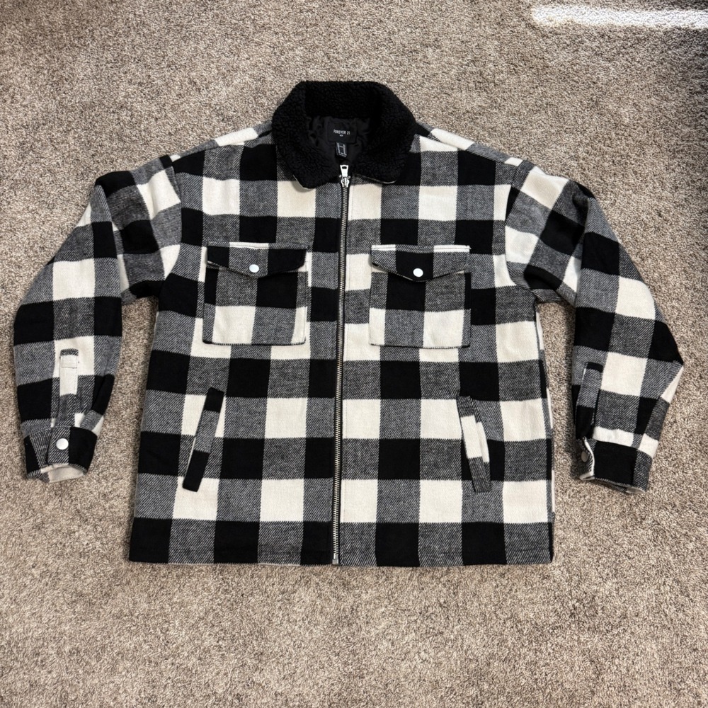 Forever 21 Men Buffalo Plaid Sherpa Collar Quilted Zip Up Jacket Black White XL
